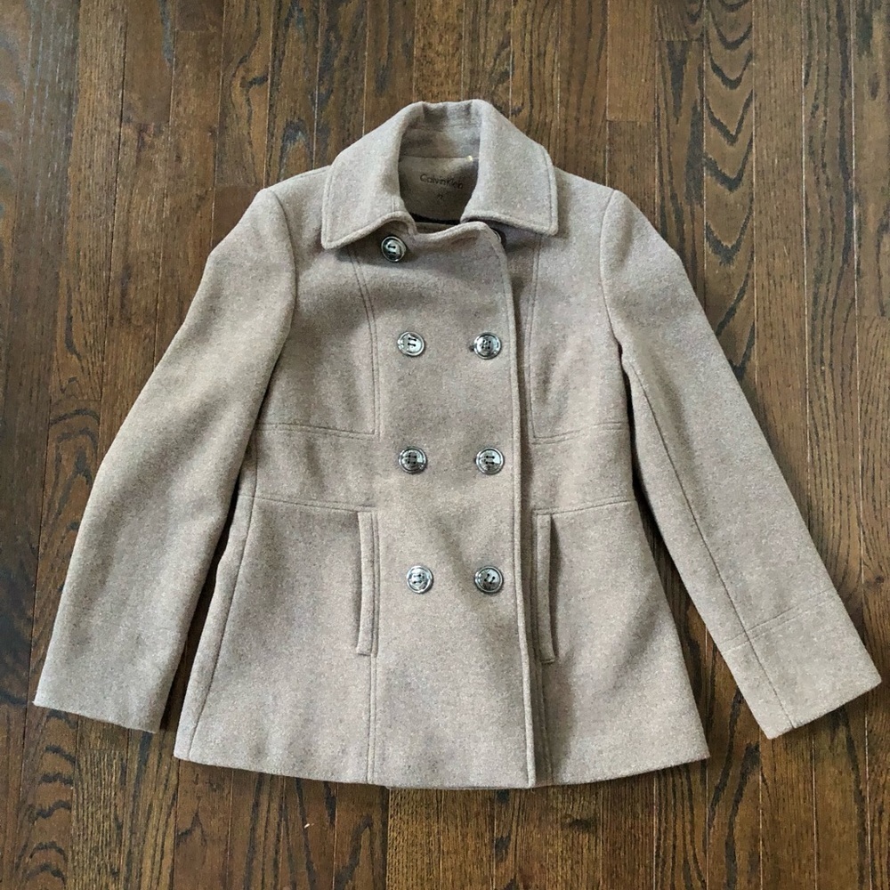 *NWOT* Calvin Klein Women’s 2 Petite Oat Wool Double-Breasted Peacoat